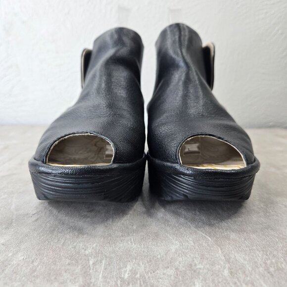 Fly London Yone Wedge Sandal 8-8.5 Black Leather Peep Toe Casyak Platform Wedges - Picture 3 of 14